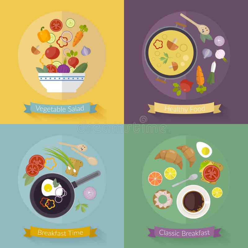 Frukosttid och grönsaker för vektor fastställd med plana symboler Ny mat och drinkar i plan stil vektor illustrationer Frukosttid och grönsaker för vektor fastställd med plana symboler Ny mat och drinkar i plan stil vektor illustrationer