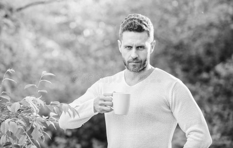 frukostuppfriskningtid ekologiskt liv f?r man man i grönt utomhus- skogdrinkte allvarlig man med kopp te arkivbild frukostuppfriskningtid ekologiskt liv f?r man man i grönt utomhus- skogdrinkte allvarlig man med kopp te arkivbild