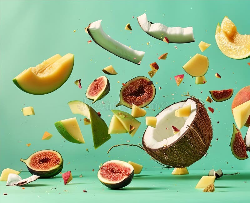 Frukter med vibrerande rörelse mot en tealbakgrund skapar en dynamisk färgsplash och färskhet stock illustrationer