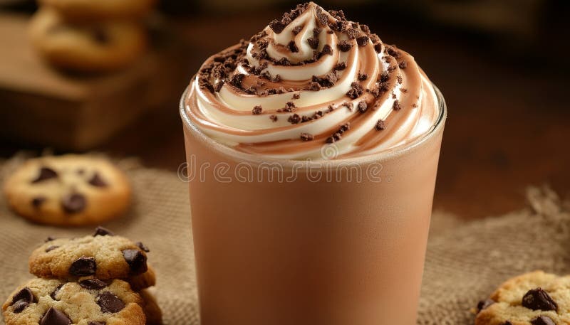Frullato di cioccolato indulgente con panna montata e biscotti in un caffè rustico illustrazione di stock