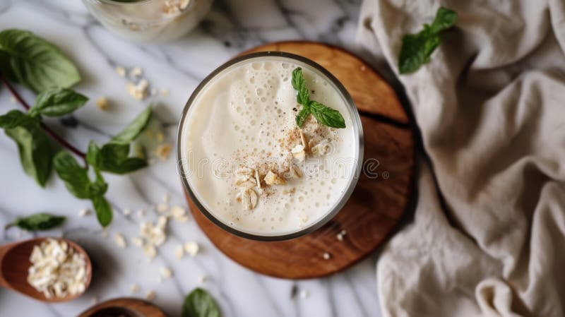 Frullato di latte di avena cremoso con foglie di basilico fresche a bordo di legno illustrazione vettoriale