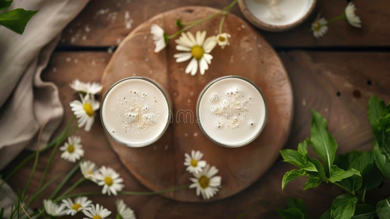 Frullato di latte di avena cremoso con foglie di basilico fresche a bordo di legno illustrazione di stock