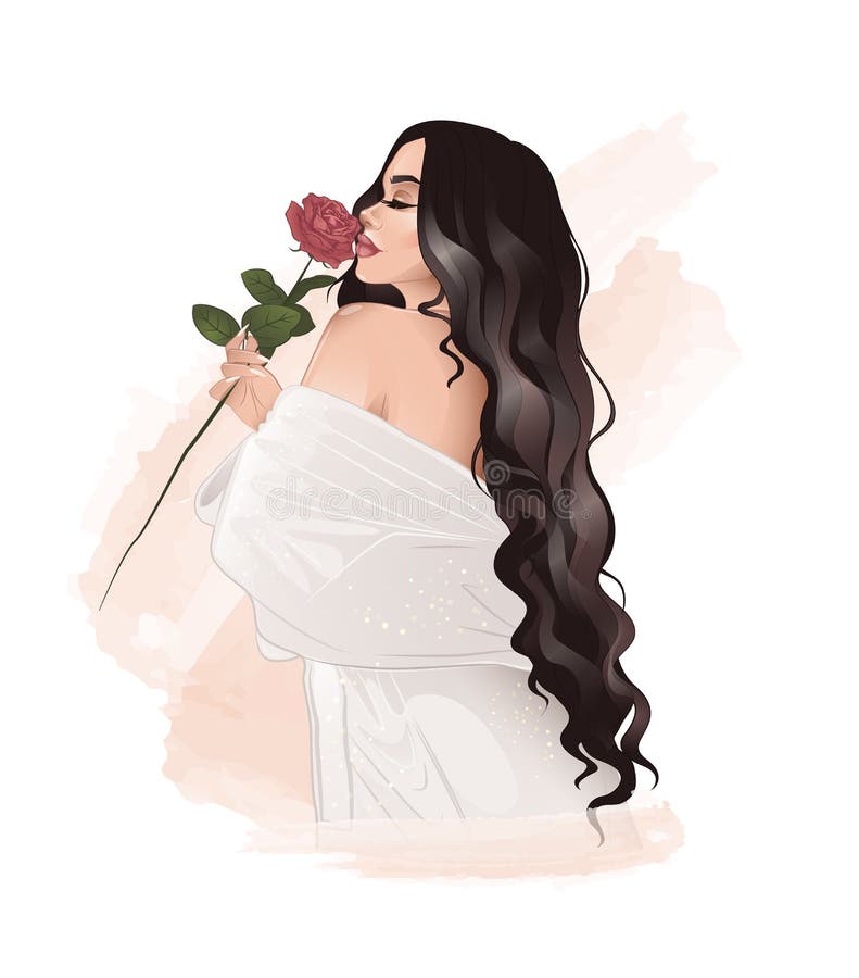 Frumoasă doamnă cu părul lung și ondulat, cu floare de trandafir stock illustration