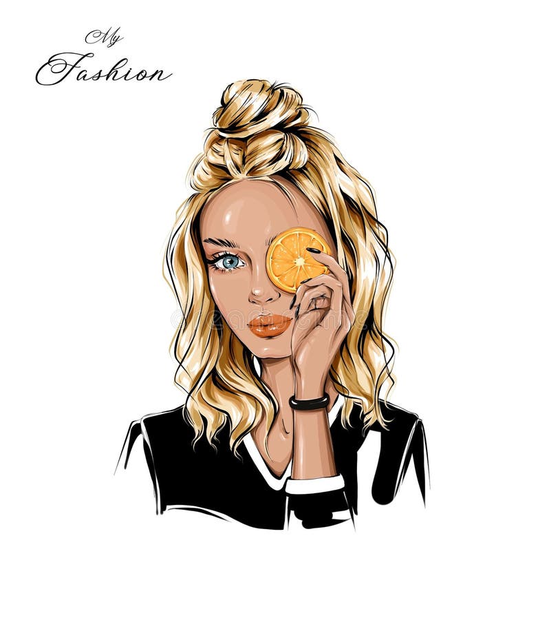 Frumoasă fată blondă care ține felia portocalie. femeie de modă. fată frumoasă. vector illustration