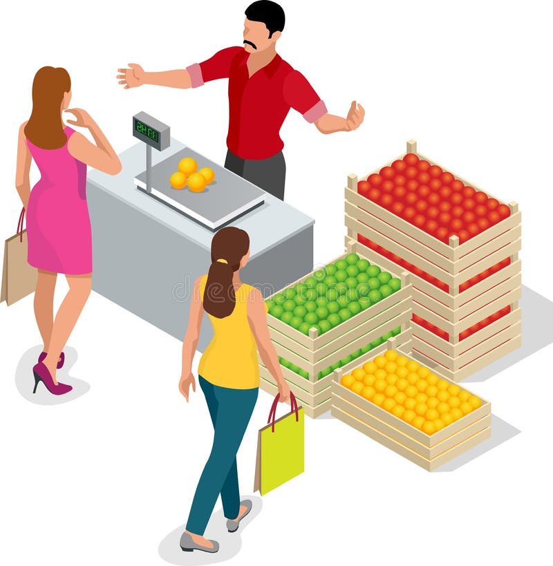 Frumoasă femeie care cumpără fructe proaspete. vânzătorul de fructe pe o piață de fermieri. stand pentru vânzarea fructelor. ladă royalty free illustration