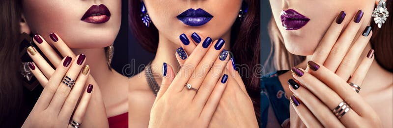 Frumoasă femeie cu machiaj perfect și manichiură albastră, cu bijuterii. concept de frumusețe și modă stock image