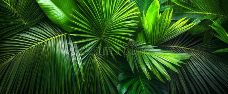 Frunze abstracte și fond botanic. Tapet verde din pădurile tropicale, împodobit cu frunze de monstera, palmier și royalty free stock photos