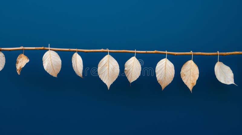 Frunze simetrice uscate pe ramură cu fond albastru stock image