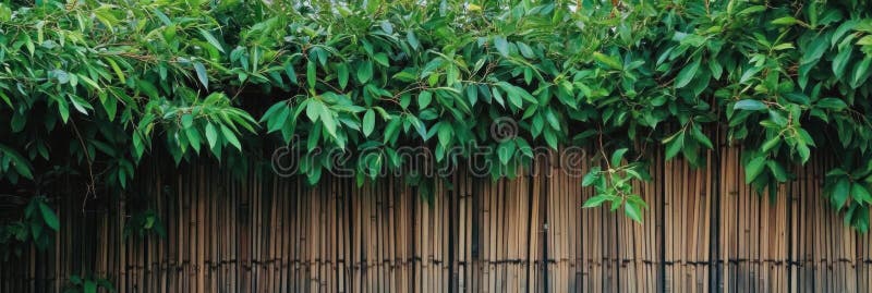 Frunze verzi atârnă peste un gard natural de bambus într-o temă tropicală vector illustration
