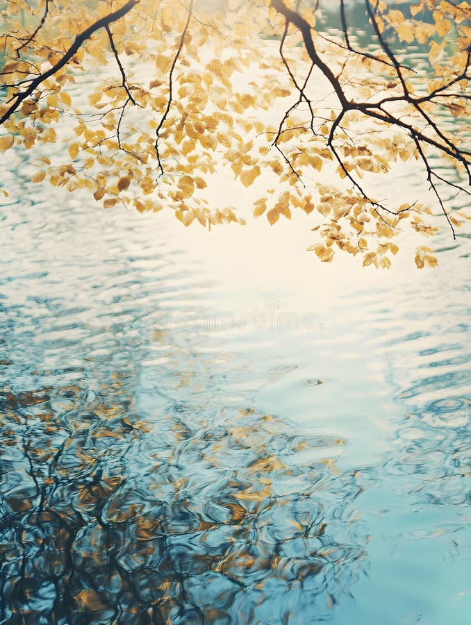 Frunzele generative de toamnă de aur ale AI Reflectate în apă sub Serene Sunlight Tranquil. vector illustration