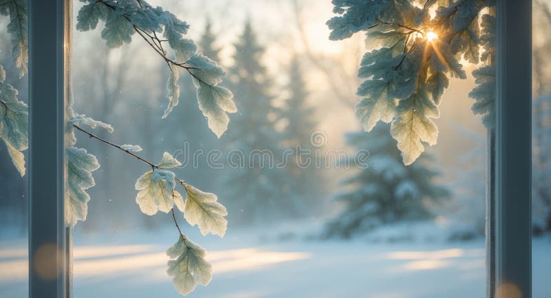 Frunzele glasate pe fereastră cu lumină solară și tărâmul minunilor de iarnă stock photo