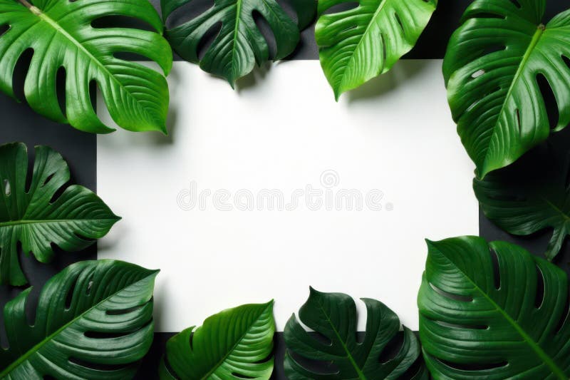 Frunzele tropicale lușite reprezintă o hârtie albă, albă și nefinisată, împotriva designului tropical negru stock illustration