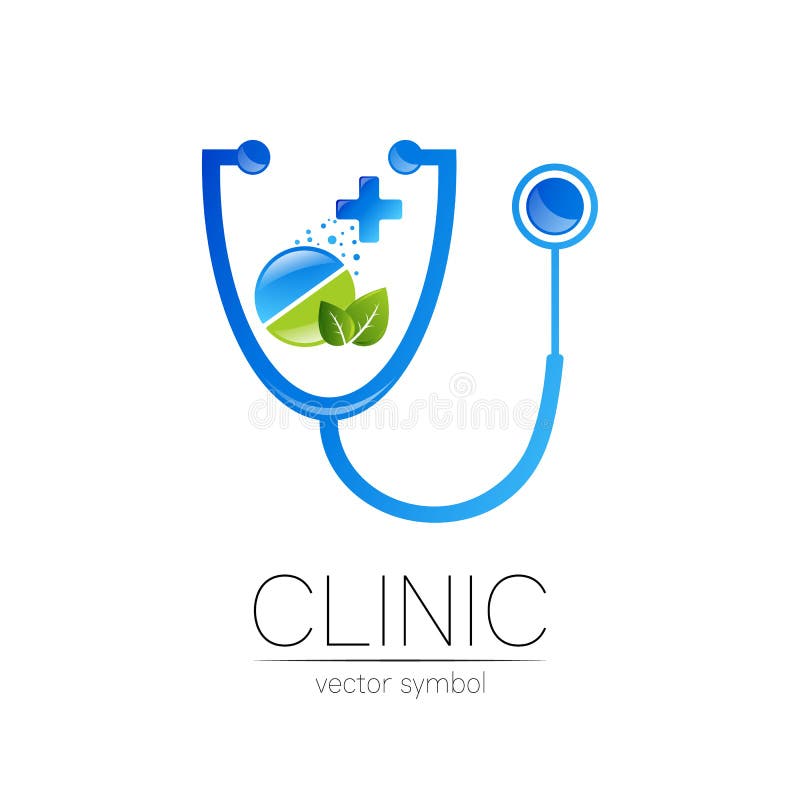 Frunză de tablete de stetoscop și logotip de vectori încrucișați cu culoare albastră. simbolul medical al spitalului medical și vector illustration