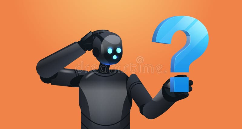 Frustrated black robot cyborg holding question mark help support service FAQ problem artificial intelligence vector illustration
