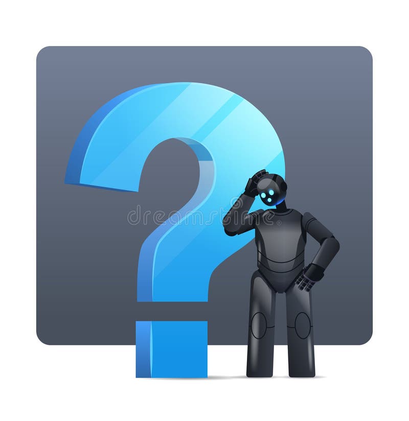 Frustrated black robot cyborg standing near question mark help support service FAQ problem artificial intelligence vector illustration