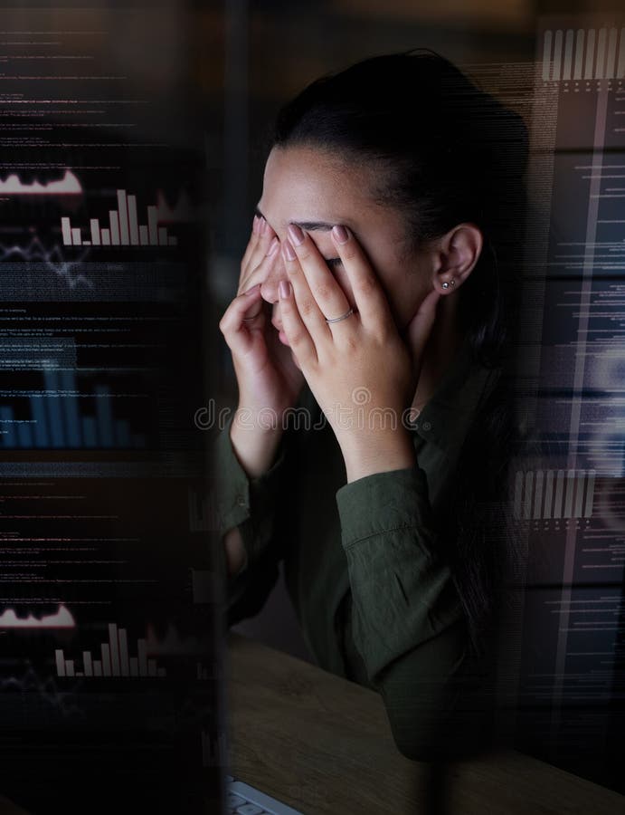 Frustrated, hologram and woman with stress at night in office for coding, programming and online glitch. Digital screen royalty free stock photo