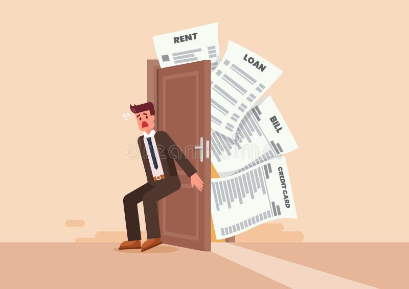 Frustrated Man Try To Close the Door with Full of Debts and Bills To Pay Stock Vector - Illustration of person, bill: 272846291