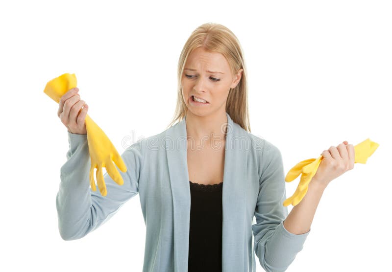 Frustrated woman in despair before cleaning stock image.