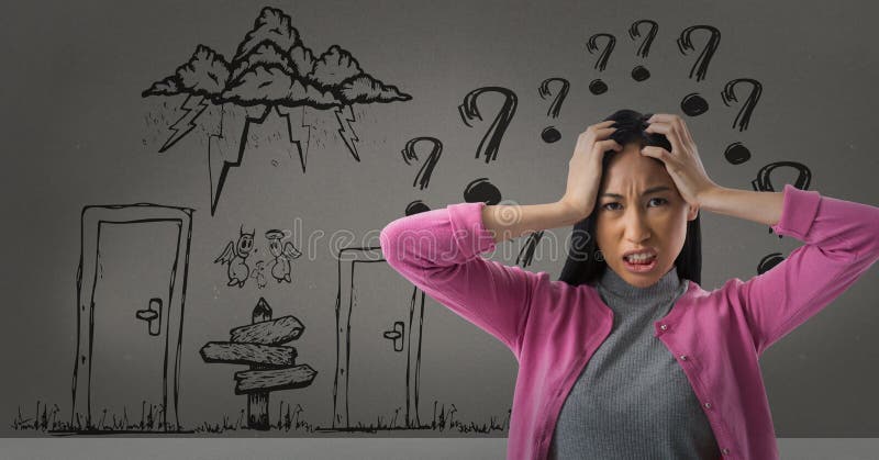 Digital composite of frustrated woman with question marks
