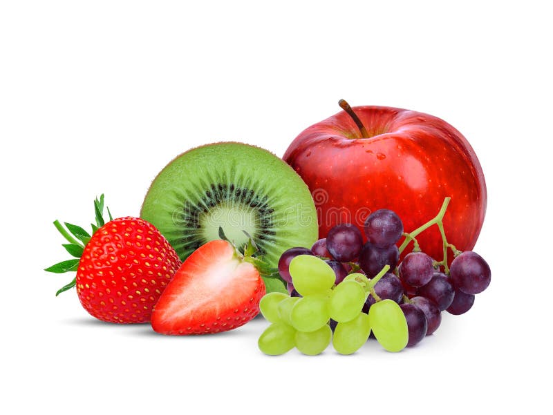 Fruta de kiwi, fresa, uva y manzana roja aisladas en blanco fotografía de archivo Fruta de kiwi, fresa, uva y manzana roja aisladas en blanco fotografía de archivo