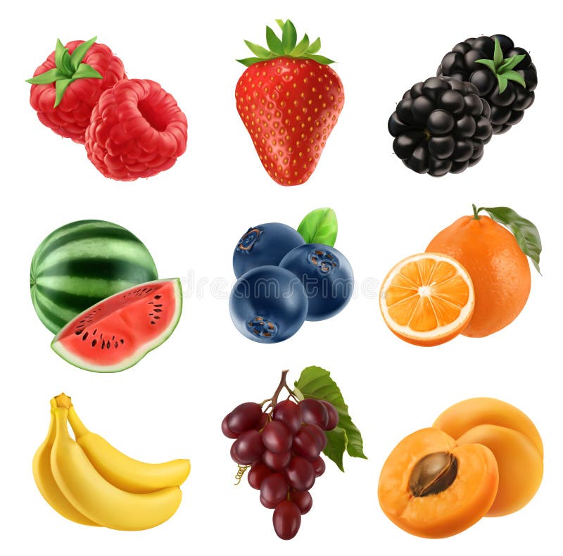 Fruta fresca iconos del vector 3d fijados Ilustración realista