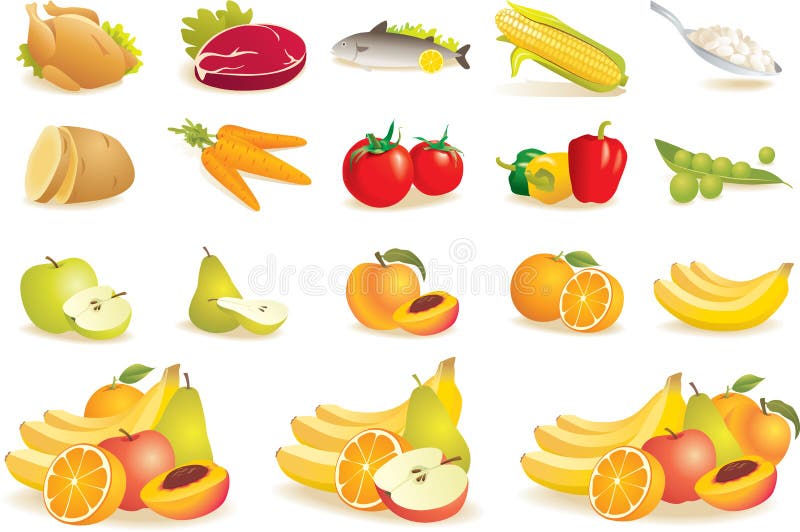 Fruta, vehículos, carne, iconos del maíz