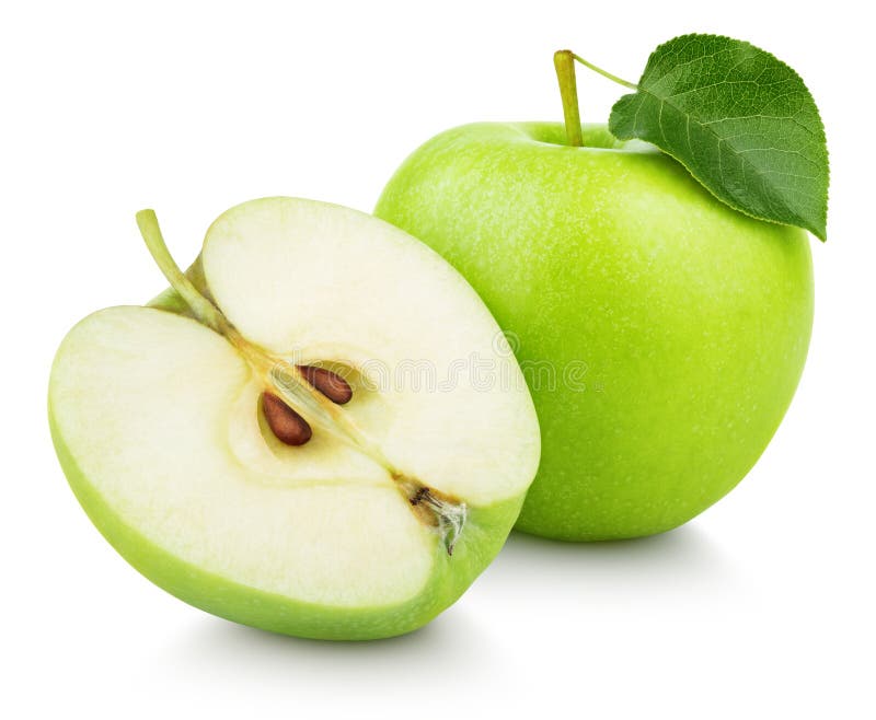 Fruta verde de la manzana con la hoja media y verde aislada en blanco fotografía de archivo Fruta verde de la manzana con la hoja media y verde aislada en blanco fotografía de archivo