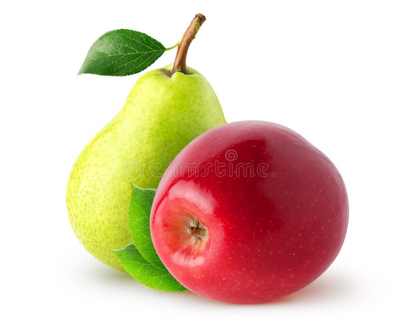 Frutas aisladas Pera amarilla entera y manzana roja con las hojas aisladas en el fondo blanco con la trayectoria de recortes fotos de archivo Frutas aisladas Pera amarilla entera y manzana roja con las hojas aisladas en el fondo blanco con la trayectoria de recortes fotos de archivo