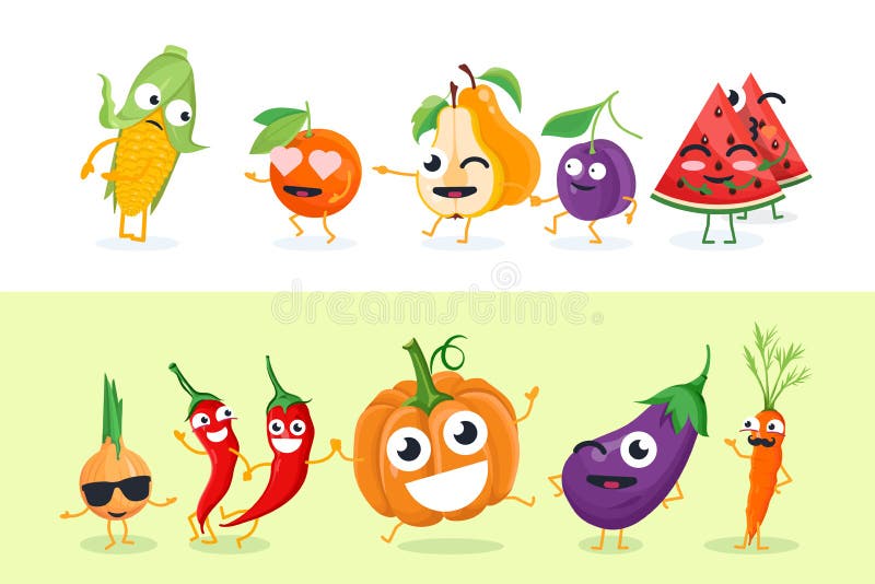 Frutas e legumes grupo desenho animado ilustração imagem vetorial