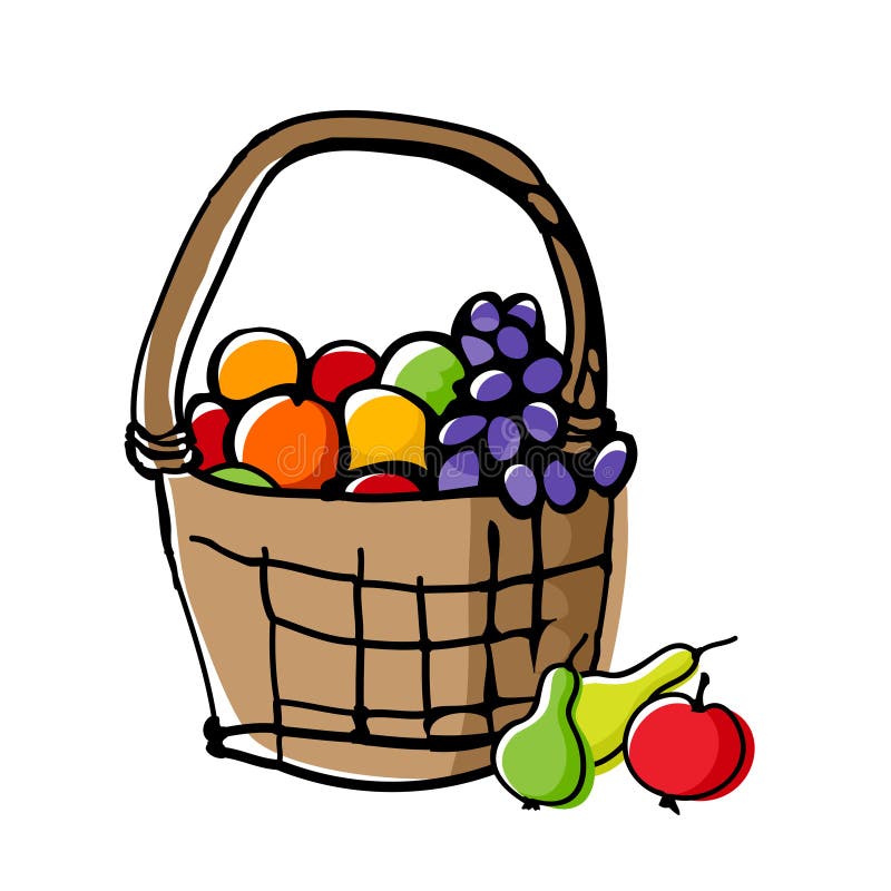 Frutas en cesta de mimbre stock de ilustración Frutas en cesta de mimbre stock de ilustración