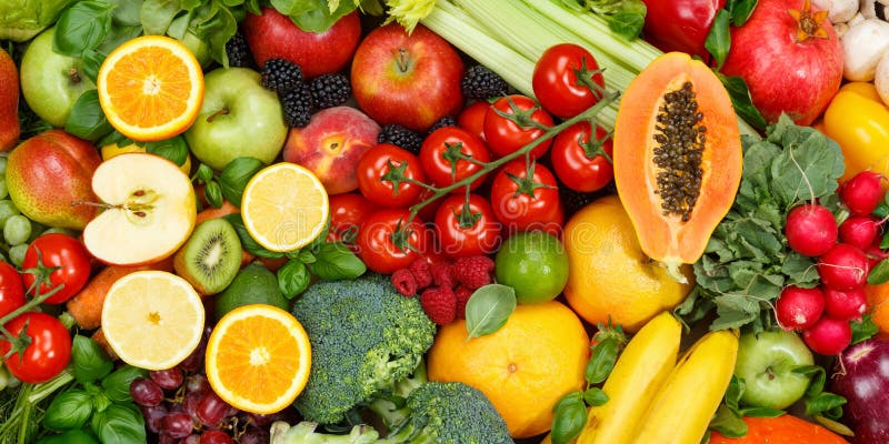 Frutas y hortalizas Recogida de alimentos banner manzanas naranjas tomates fruta fresca hortalizas foto de archivo libre de regalías