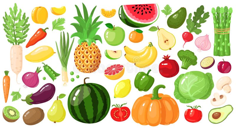 Frutas Y Verduras De Dibujos Animados. Estilo De Vida Vegetal Alimentos  Nutrición Orgánica Verduras Y Frutas Aguacate Espárragos Y Ilustración del  Vector - Ilustración de pimienta, granja: 194606448