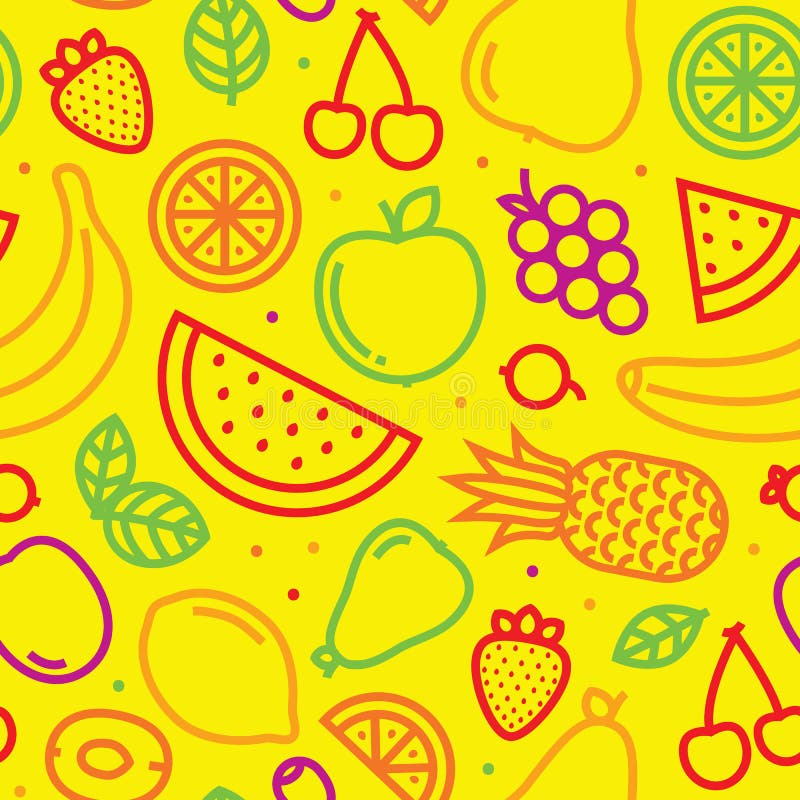 Frutifica o teste padrão sem emenda do vetor no amarelo ilustração royalty free Frutifica o teste padrão sem emenda do vetor no amarelo ilustração royalty free
