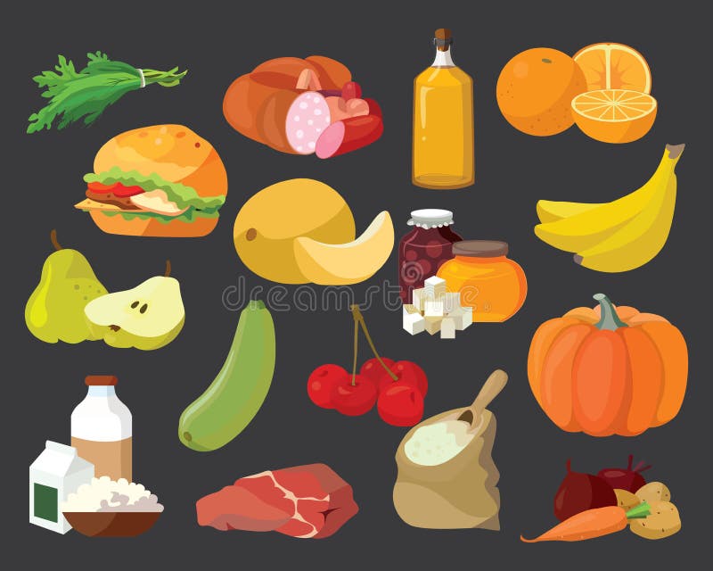 Frutos, vegetais, gorduras, carne, cereais, produtos láteos ilustração royalty free Frutos, vegetais, gorduras, carne, cereais, produtos láteos ilustração royalty free