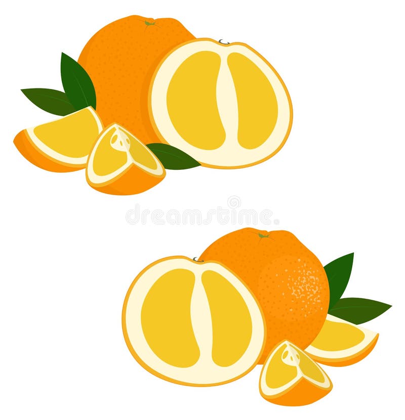 Frutta arancio Metta del tutto fresco e tagliare la frutta e le fette arancio su fondo bianco Limoni e limetta Illustrazione di v illustrazione di stock