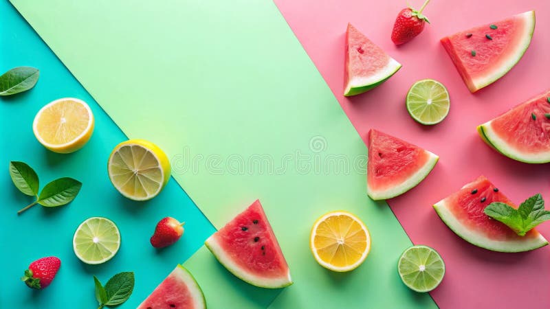 Frutta estiva piatta di cocomero di melone vivo limone e fette di fragole su fondo pastello. Generative AI illustrazione di stock