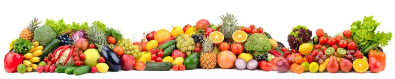 Frutta fresca e verdure di varietà della composizione isolate su fondo bianco