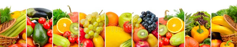 Frutta panoramica e verdure della raccolta isolate sul BAC bianco immagini stock Frutta panoramica e verdure della raccolta isolate sul BAC bianco immagini stock