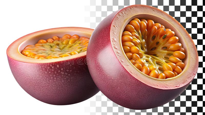 Frutta a passione fresca, intere, con semi di pasta succosa, semi di pasta tropicale, alimenti per frutta, immagine trasparente Im illustrazione vettoriale