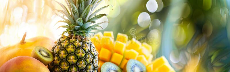 Frutta tropicale fresca, compresi il mango di ananas e il kiwi, sistemata in modo splendido in una vivace posizione all'aperto sot fotografie stock libere da diritti