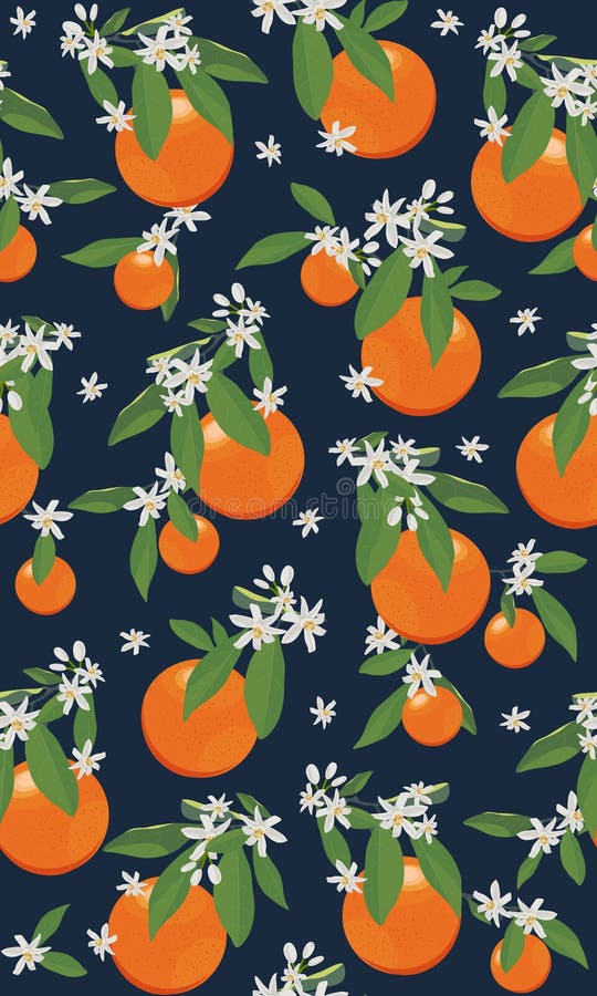 Frutti arancio del modello senza cuciture con i fiori e le foglie su fondo nero royalty illustrazione gratis Frutti arancio del modello senza cuciture con i fiori e le foglie su fondo nero royalty illustrazione gratis