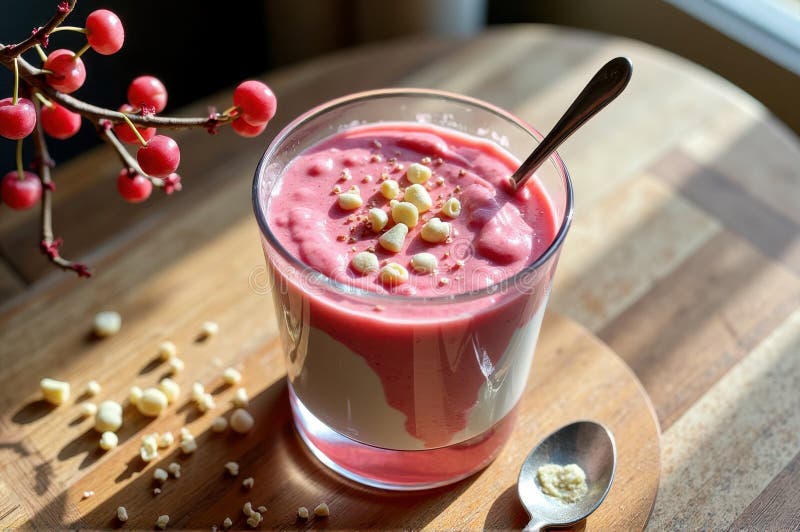 Frutti deliziosi di frullato di fragole con yogurt e noci su tavolino di legno immagine stock libera da diritti