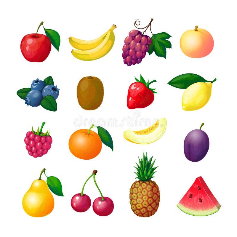 Frutti e bacche del fumetto Ananas della pera della prugna del melone del lampone della fragola del limone del kiwi del mirtillo illustrazione di stock Frutti e bacche del fumetto Ananas della pera della prugna del melone del lampone della fragola del limone del kiwi del mirtillo illustrazione di stock