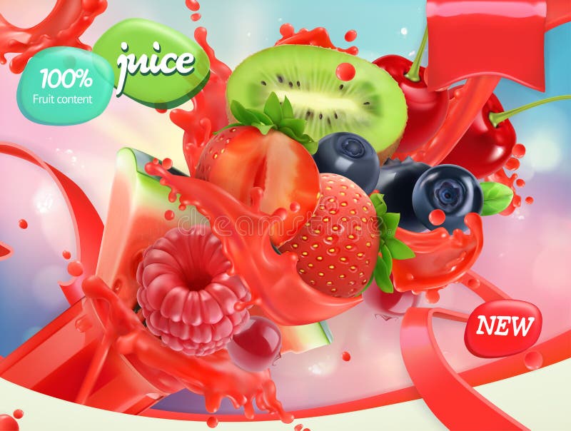 Frutti e bacche della miscela Spruzzata di succo 3d vettore, progettazione di pacchetto illustrazione vettoriale Frutti e bacche della miscela Spruzzata di succo 3d vettore, progettazione di pacchetto illustrazione vettoriale