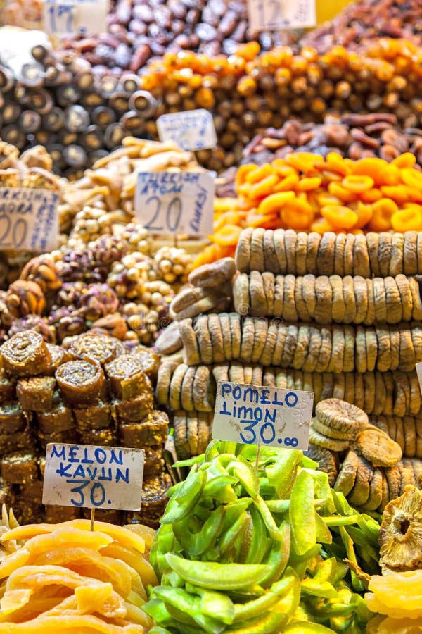 Image of market offering a selection of dried fruits and baklava. Image of market offering a selection of dried fruits and baklava.