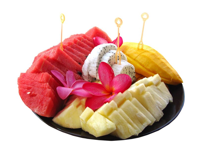 Frutti tropicali assortiti su un piatto fotografia stock Frutti tropicali assortiti su un piatto fotografia stock