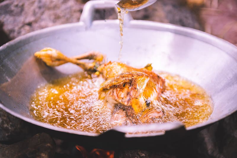 Frying Chicken in Frying Pan with Fully Oil Stock Image Image of