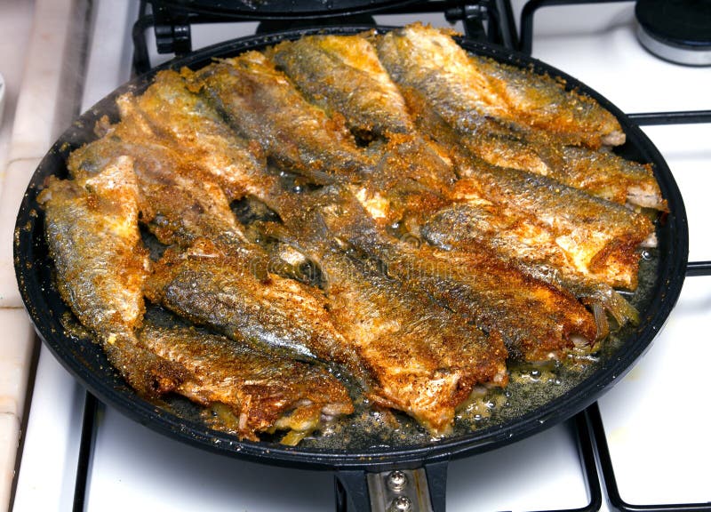 Frying Raw Fish Cutlet in Oil in a Pan, Top View Stock Image Image of