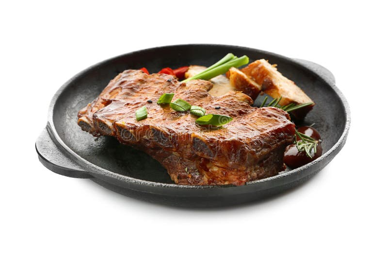 Frying Pan with Delicious Grilled Ribs on White Background Stock Photo Image of prepared