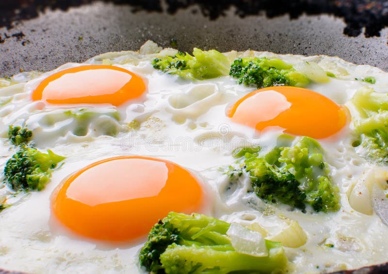 The Frying Pan Fried Eggs with Broccoli and Wood Background Stock Image
